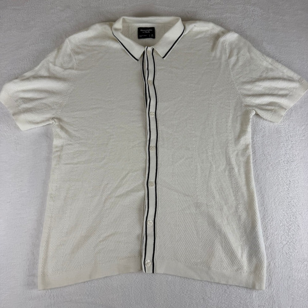 Abercrombie & Fitch Mens White Knit Button Up Polo Sweater Short Sleeve Medium